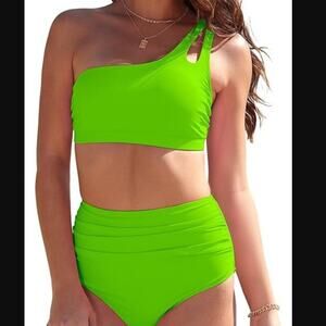 Buauty Women's NWT Size Large NEON Green One Shoulder Bikini Swimsuit Cutout